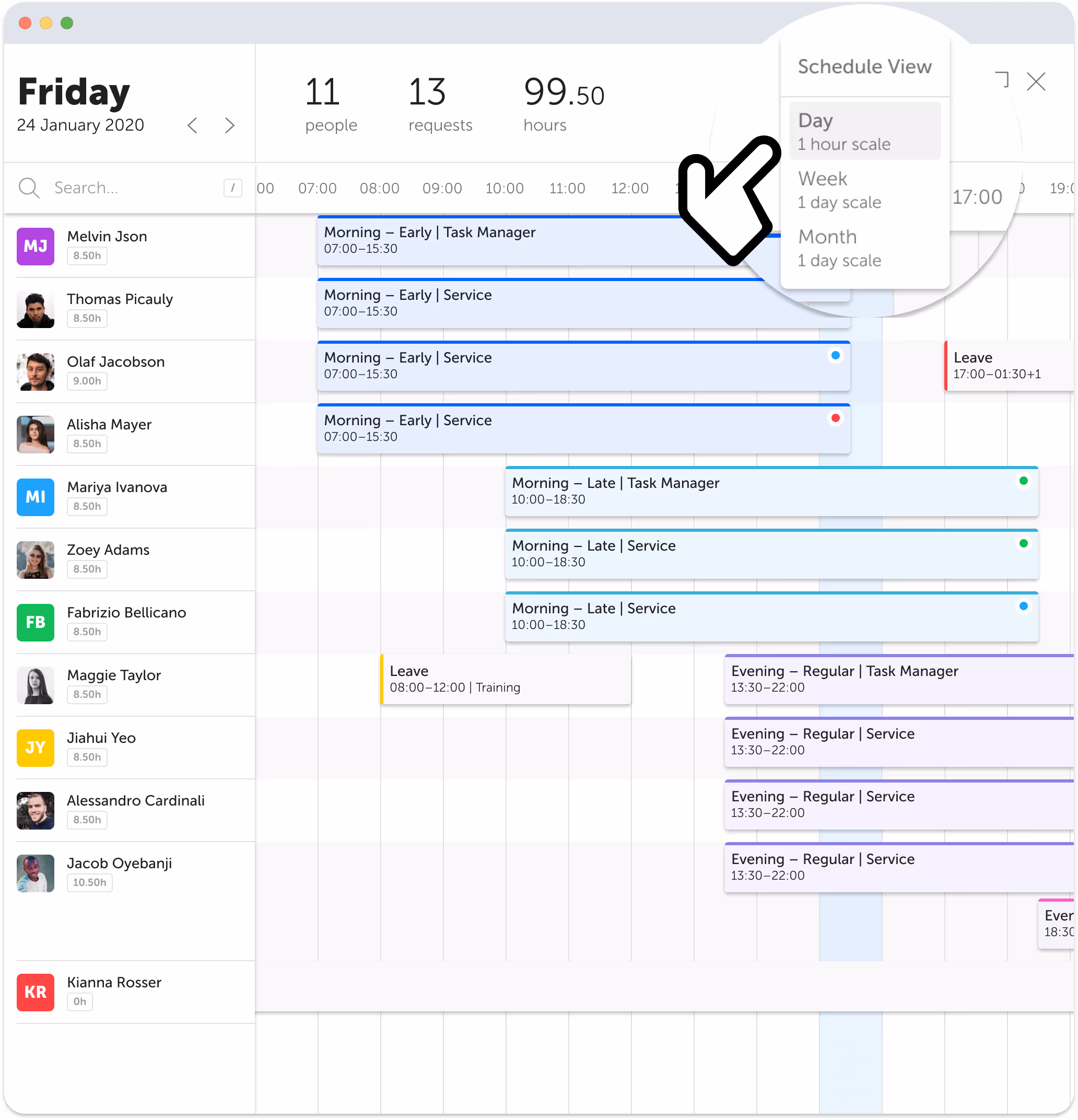 Intraday timeline in Soon showing activities across a team through the day